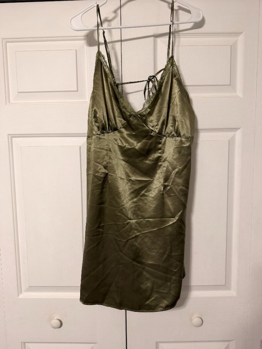 H&M Satin Slip Mini Dress with Lace Trim - Khaki Green